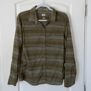 REI Olive Green Striped Button Down Shirt